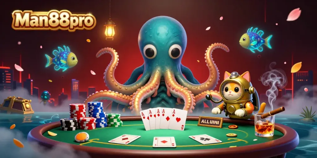 Experience exhilarating poker action with man88pro's vibrant kraken and diving cat scene.