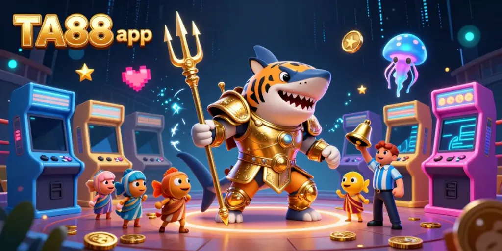 Engage with the TA88 app in a vibrant underwater casino scene featuring a golden gladiator tiger shark.