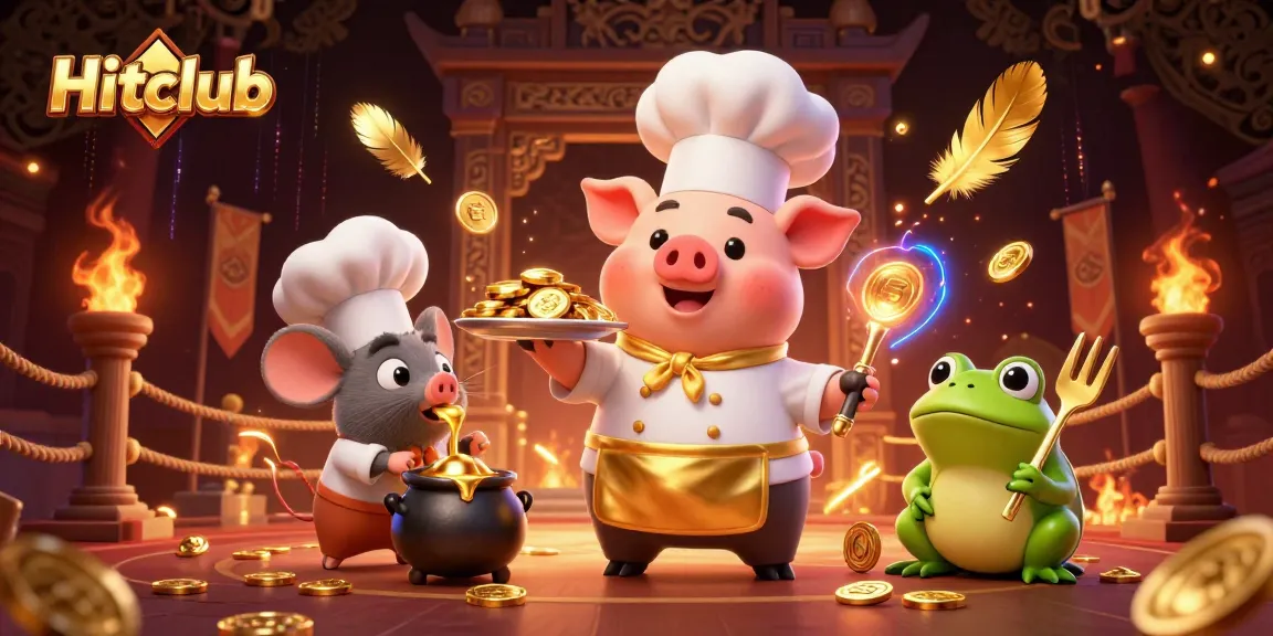 Experience thrilling gameplay at Hitclub with a chef pig serving gold coins amidst an exciting casino atmosphere.