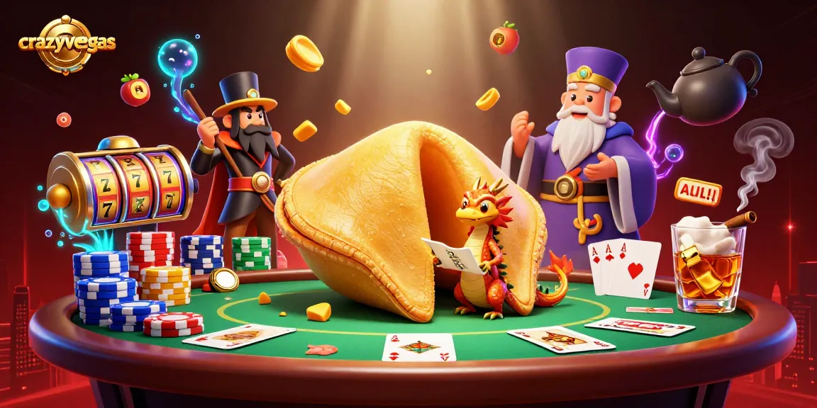 Experience the excitement at crazyvegas with a vibrant casino scene featuring a golden fortune cookie and dynamic poker elements.