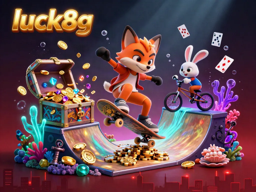 Experience the vibrant action of luck8g with a 3D fox skateboarder and BMX rabbit amidst dynamic casino elements.