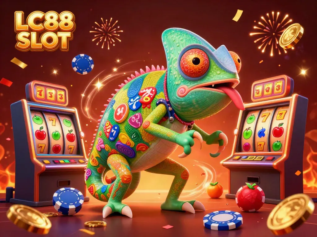 Experience the excitement of LC88 SLOT with dynamic chameleon casino owner surrounded by vibrant slot elements.