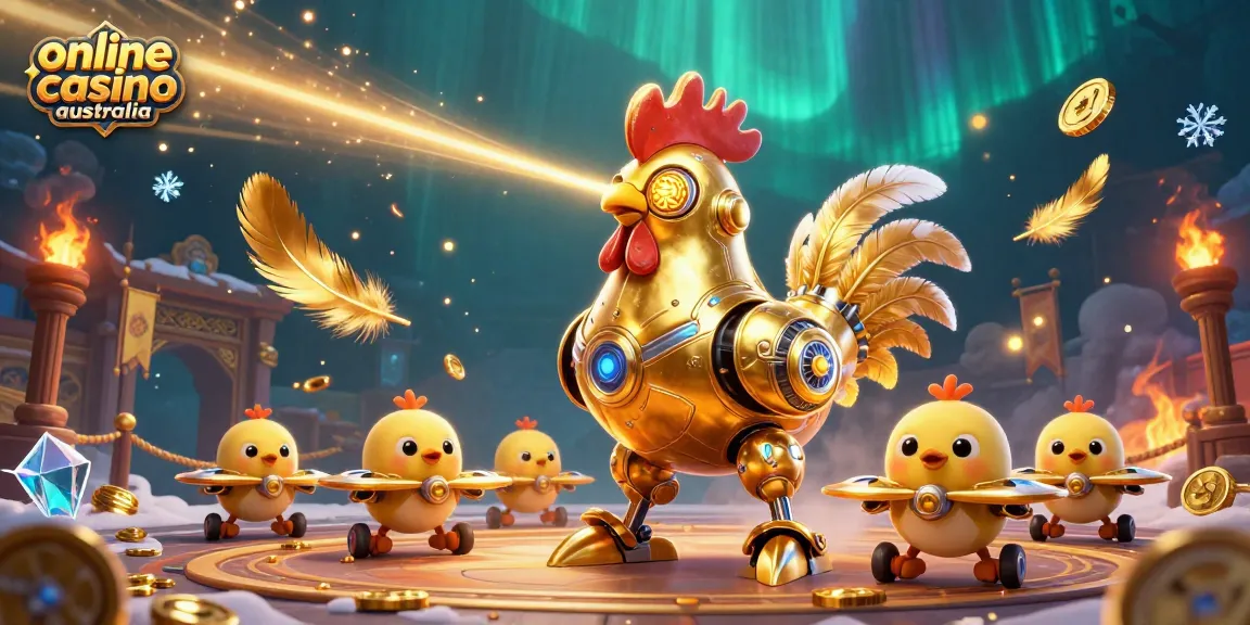 Engage with the action of online casino Australia featuring a futuristic golden rooster robot surrounded by coins.