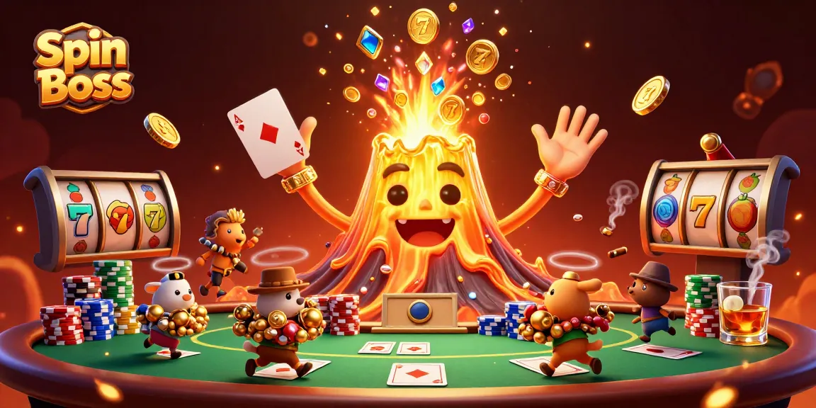 Experience thrilling slots and poker games at Spin Boss casino, surrounded by treasure and dynamic elements.