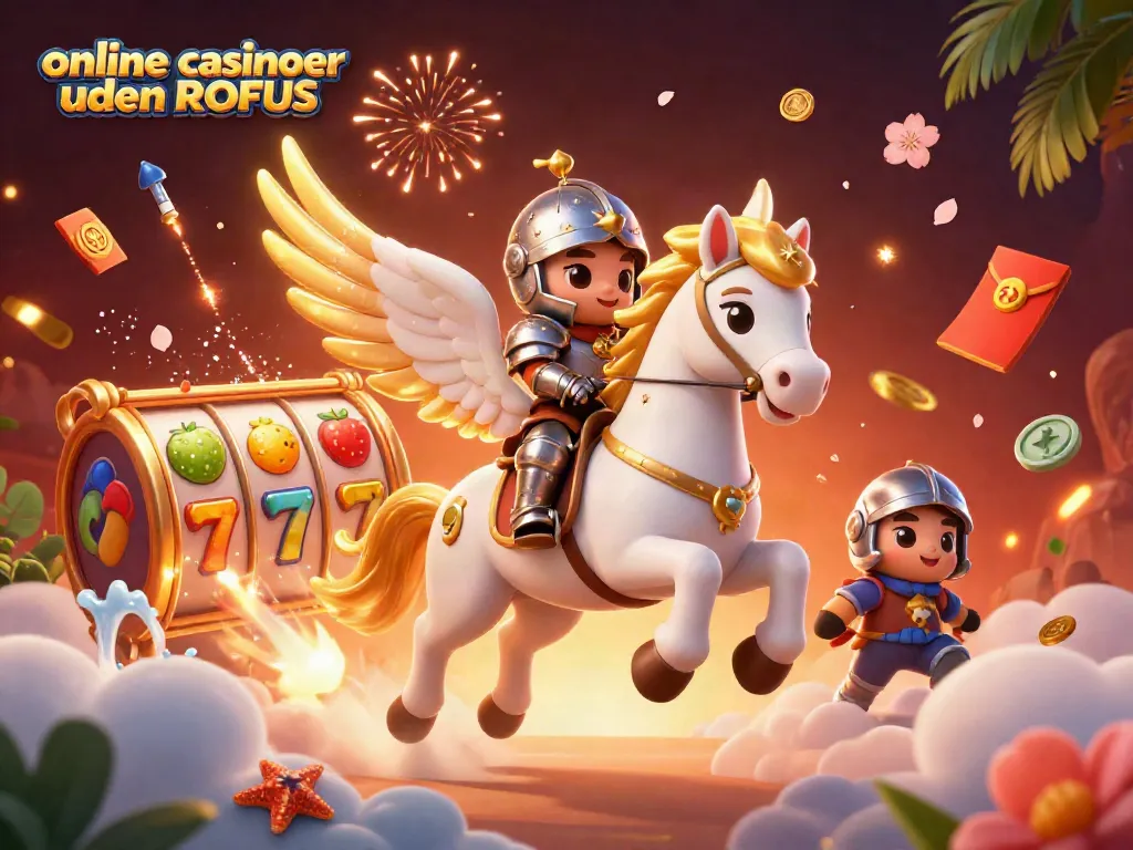 Experience thrilling gameplay at online casinoer uden ROFUS with a dynamic 3D scene showcasing exciting slot reels and colorful characters.
