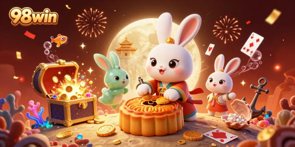 Experience exciting gameplay with 98win in this vibrant casino-themed illustration showcasing a moon rabbit and treasures.