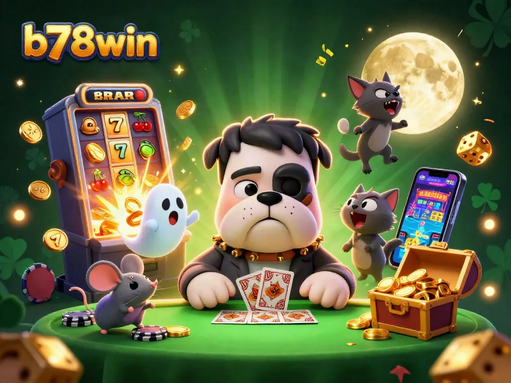 Experience exciting gameplay at b78win with a lively 3D casino illustration featuring unique characters and action.