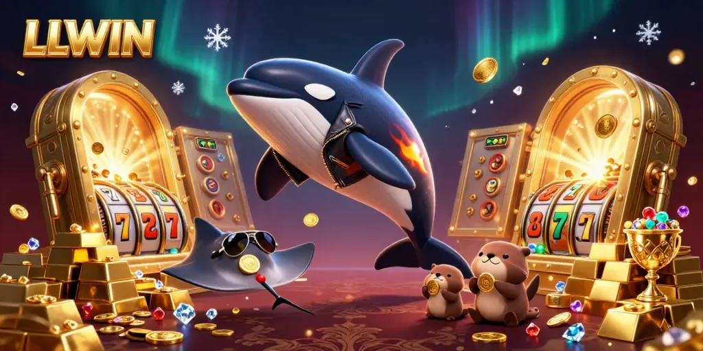 Experience thrilling slots with LLWIN, featuring orca whale and otters in a dynamic casino illustration.