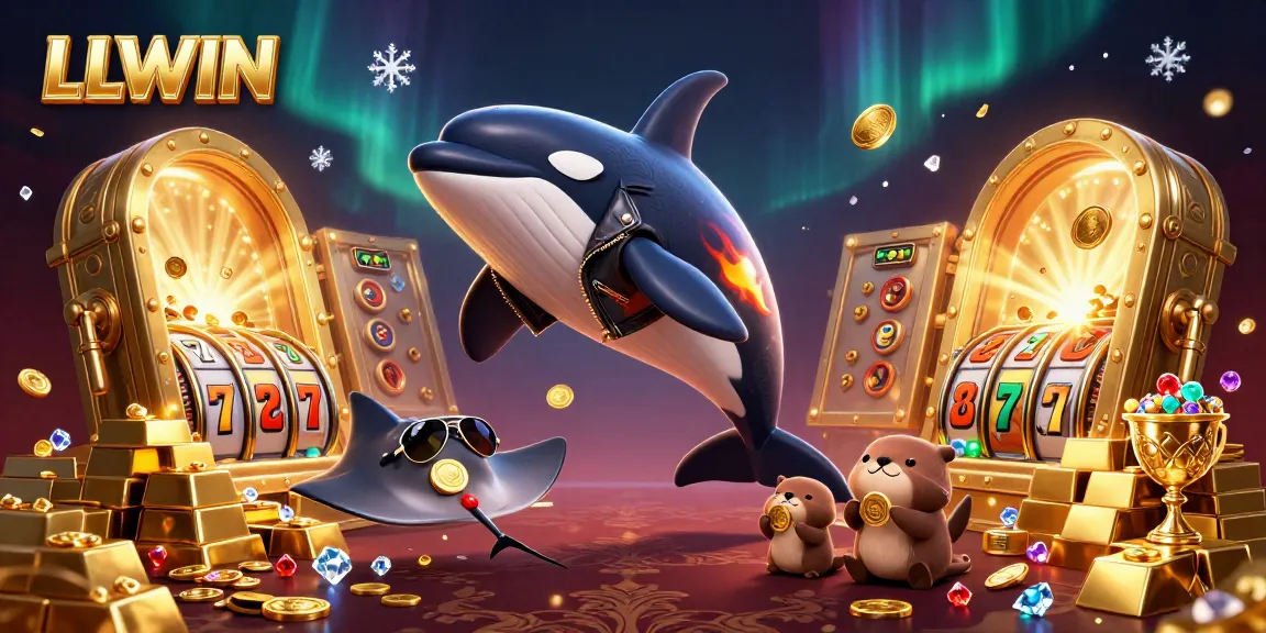 Experience thrilling slots with LLWIN, featuring orca whale and otters in a dynamic casino illustration.