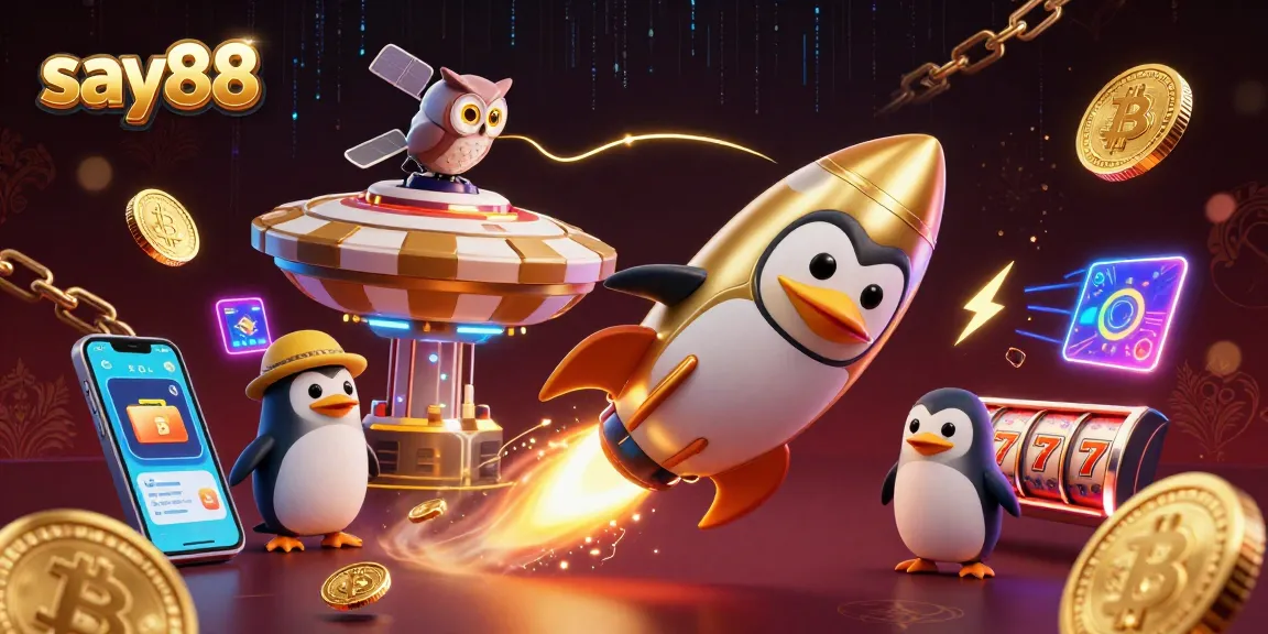 Experience the excitement at say88 with a dynamic 3D illustration showcasing gaming elements and a golden penguin.