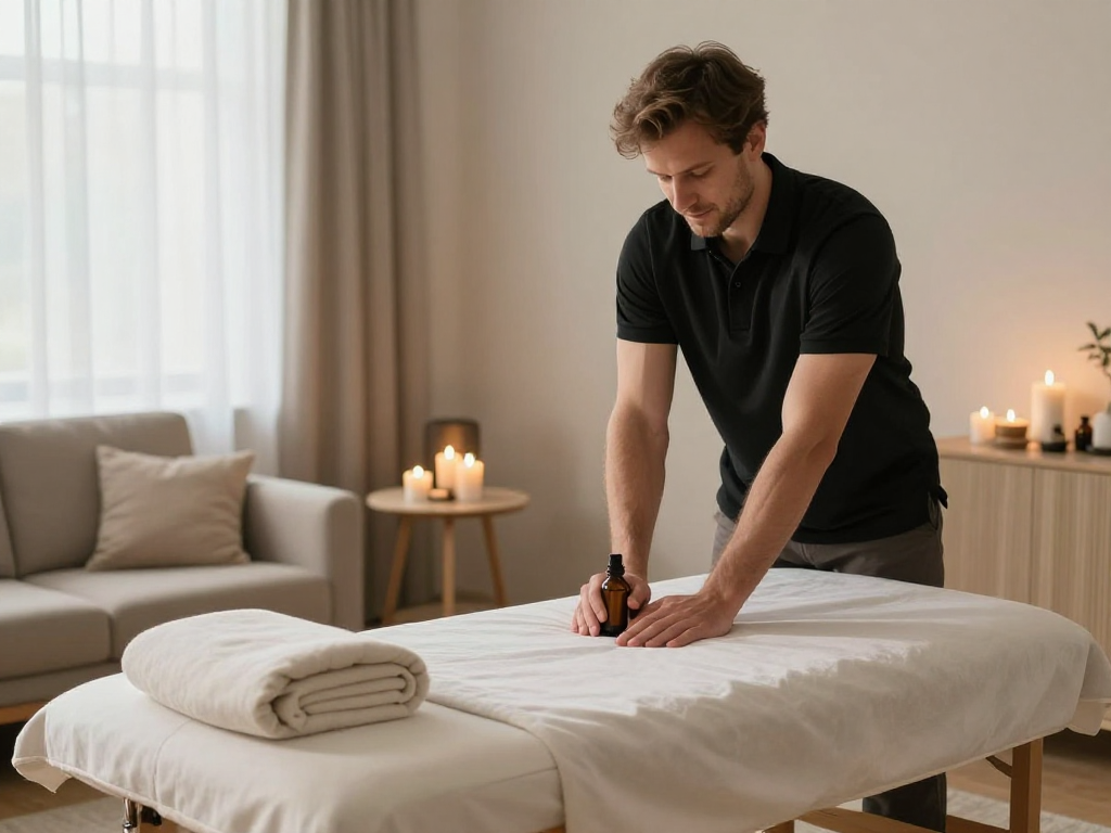 신림출장안마 home massage therapy setup with professional therapist and serene ambiance.
