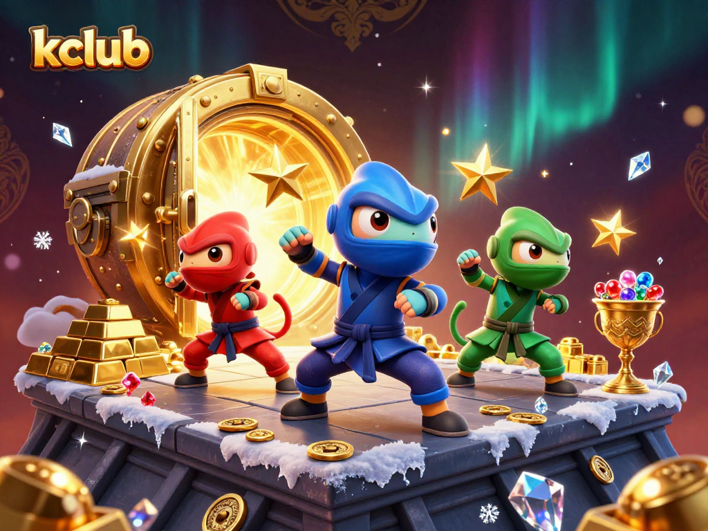 Kclub players enjoy vibrant 3D illustrations of ninja chameleons with dazzling gems and gold.