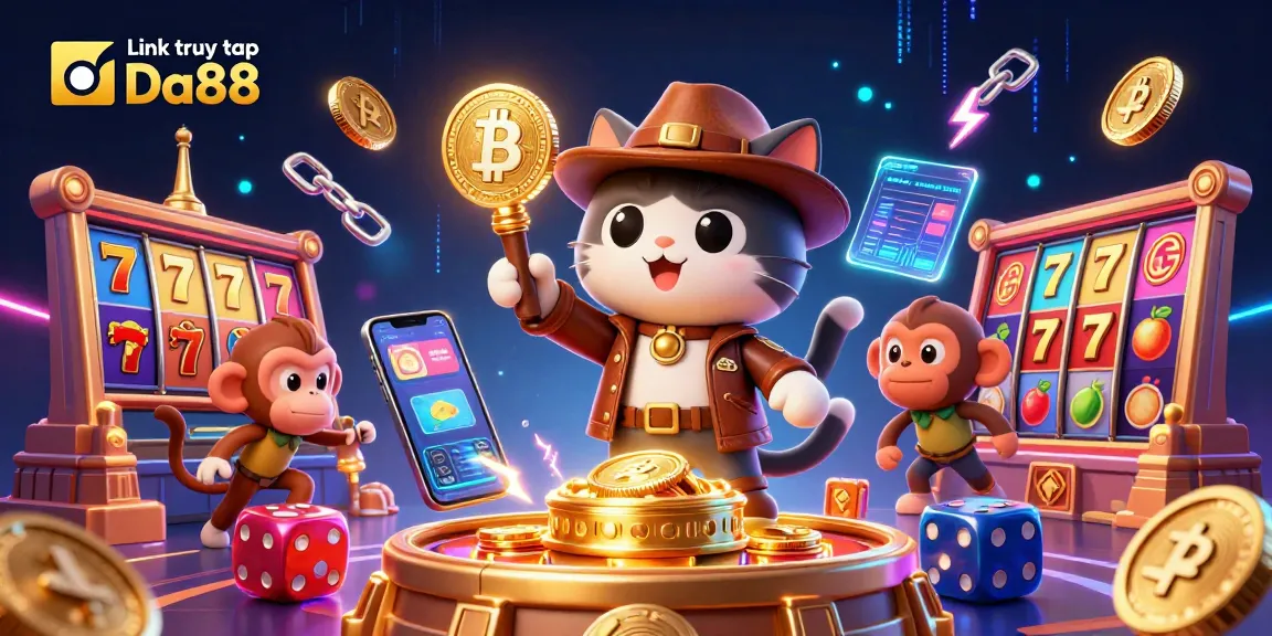 Engage with thrilling games at Link truy cập Da88 featuring stacked 3D coins and vivid casino symbols.