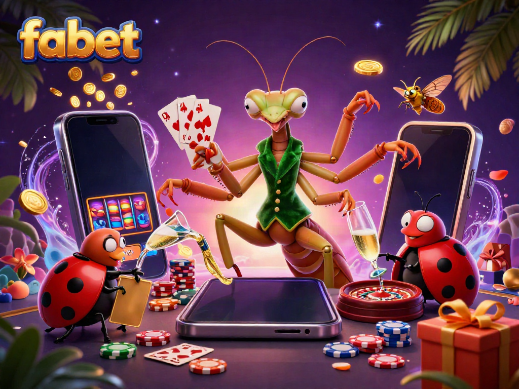 Engage with fabet in a vibrant casino scene featuring a giant praying mantis dealing cards and a ladybug pit boss.