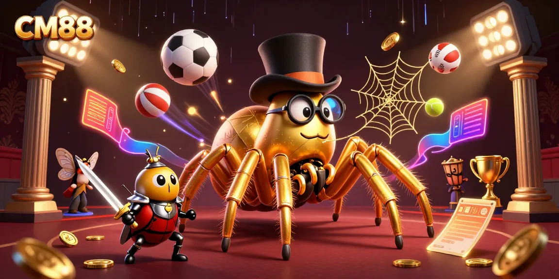 Engage with CM88's animated world featuring a golden tarantula and beetle knight amidst thrilling casino elements.