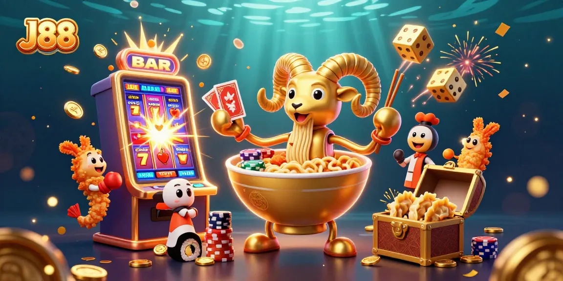Engage in thrilling gameplay at J88, showcased with vibrant characters and dynamic casino elements.