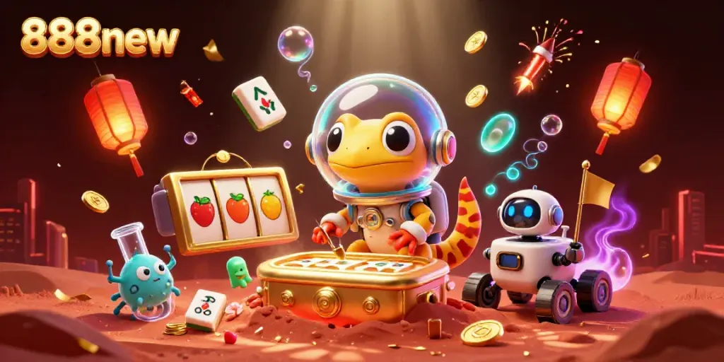 Experience the excitement of 888new as a Martian gecko uncovers a hidden casino with vibrant game elements.