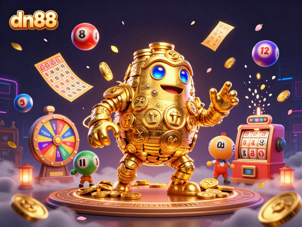 Join the excitement at dn88 with this vibrant illustration showcasing a golden golem and dynamic casino elements.