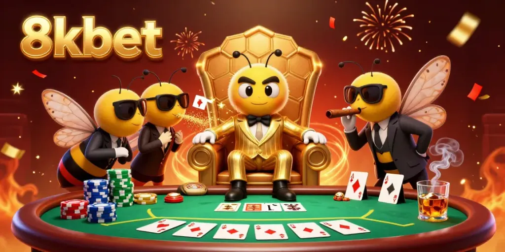 Experience thrilling games with 8xbet featuring a bumblebee mob boss in a lavish poker scene.