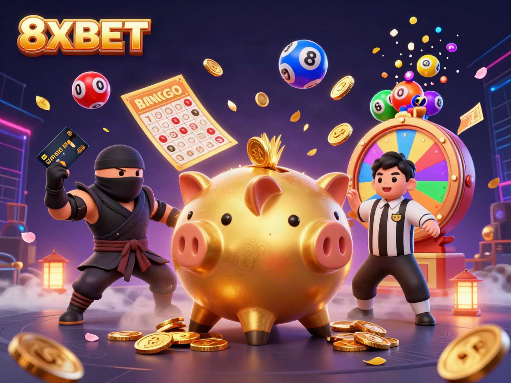 Experience the vibrant excitement of 8XBET with a sumo wrestler icon among colorful casino elements.