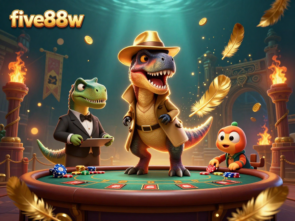 Experience thrilling gameplay at five88w with our cartoon velociraptor card counter amidst dynamic casino elements.