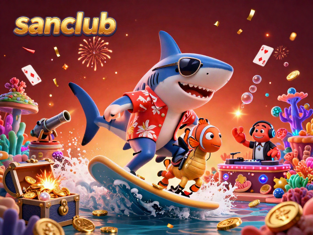 Engage in the thrilling world of sanclub with a vibrant 3D casino illustration, showcasing exciting characters and elements.
