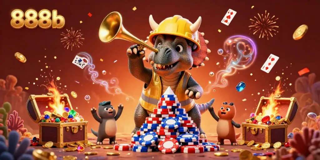 Experience the thrilling excitement of 888b with vibrant casino elements and characters in a dynamic celebration.