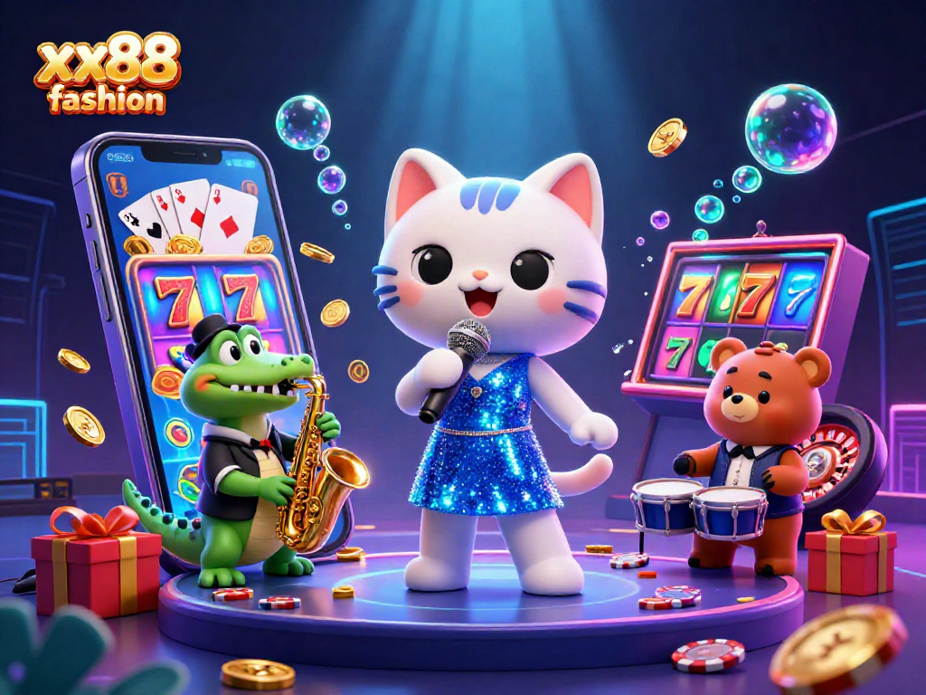 Engage with xx88 fashion as 3D characters perform with vibrant slot game elements in a casino setting.