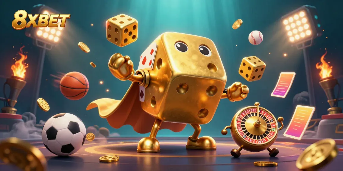 Experience thrilling gameplay with 8XBET's vibrant golden dice mascot and rich casino action.