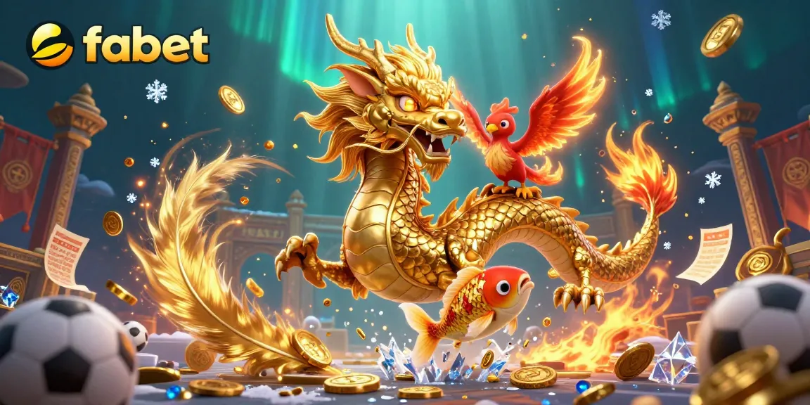 Engage with fabet's vibrant sports betting scene featuring a dragon, phoenix, and koi fish in action.