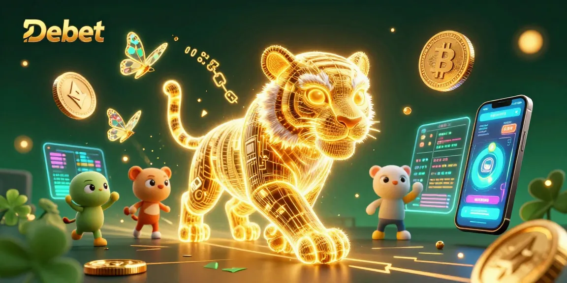 Engage in gaming excitement with Debet, featuring a neon-wireframe tiger in a bustling digital casino