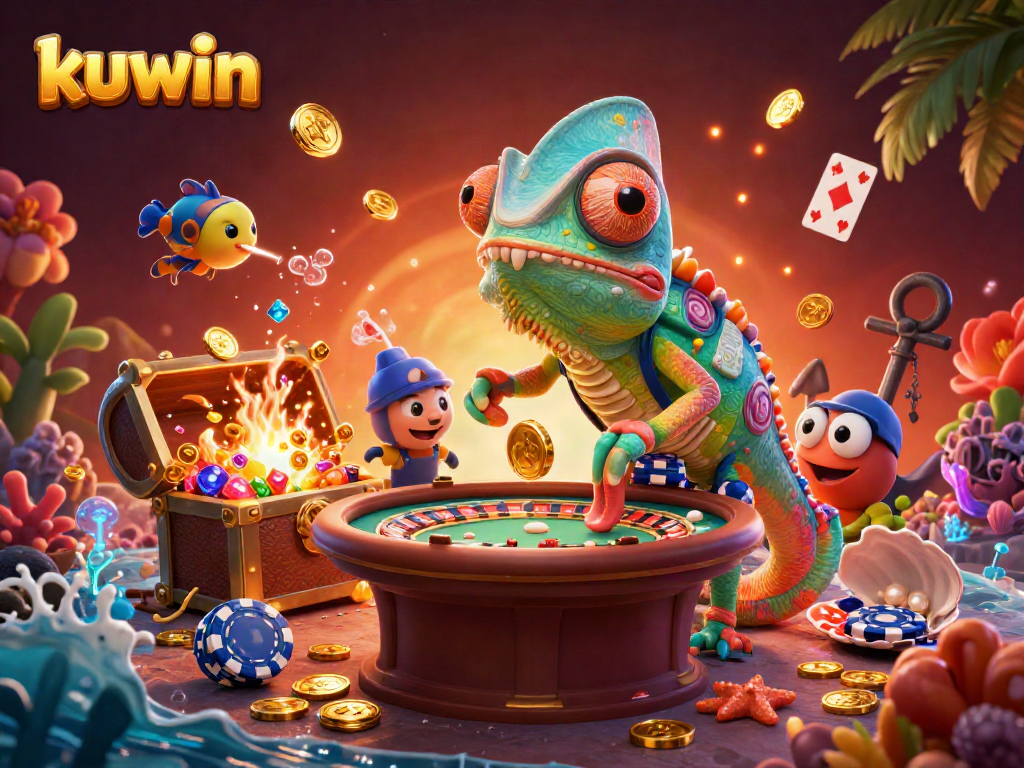 Kuwin casino owner chameleon collecting coins in vibrant underwater gambling scene.