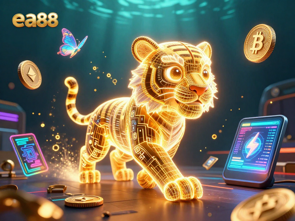 Engage with exciting gaming experiences at ea88, featuring a neon tiger and crypto elements in a vibrant casino.