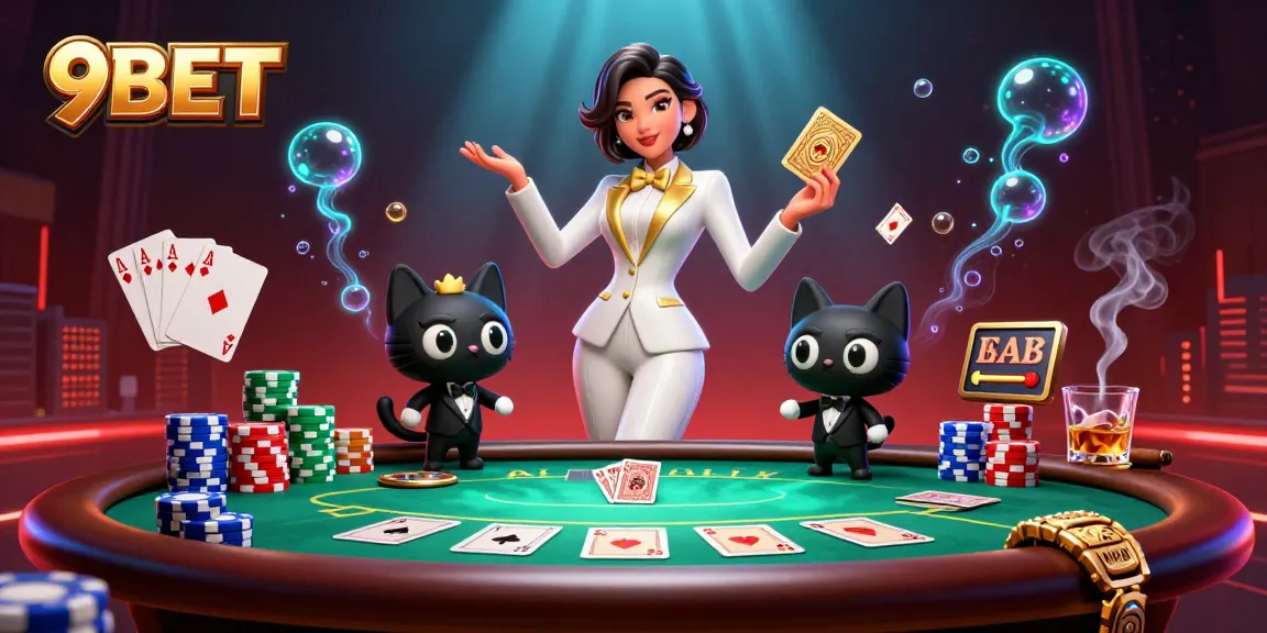 Engage with 9BET's mesmerizing casino scene featuring a stylish dealer and playful elements.