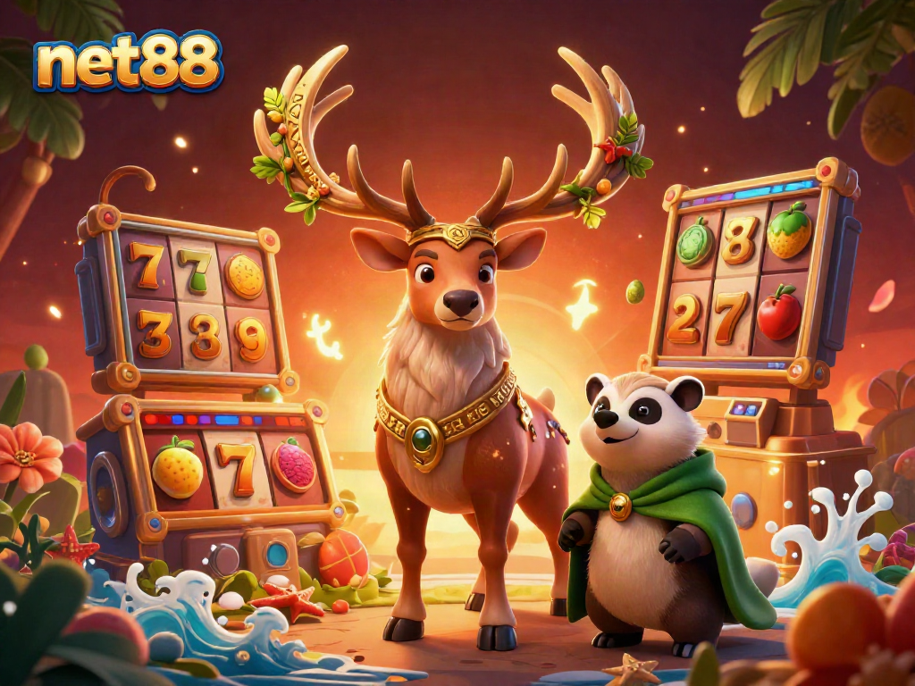 Experience the excitement of net88 with vibrant slot games and enchanting characters in this lively illustration.