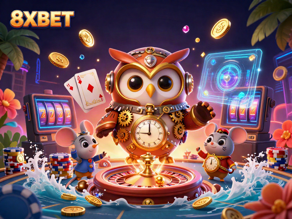 Join the adventure at 8XBET with a steampunk owl and holographic casino elements!