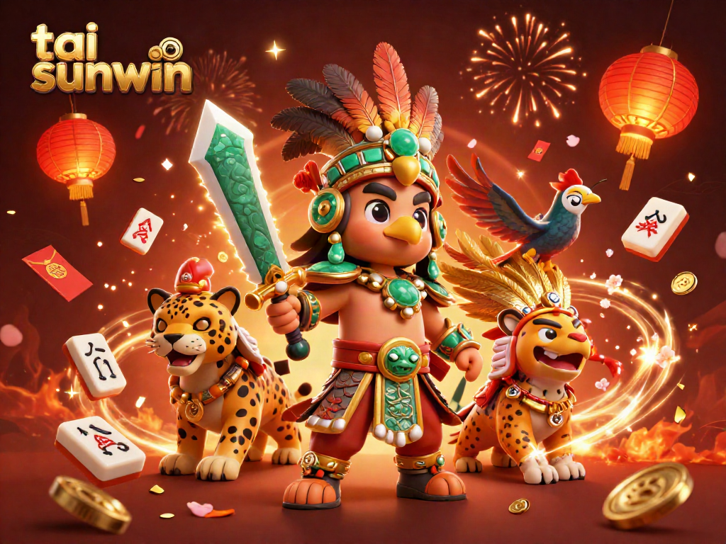 Experience the excitement of tai sunwin with dynamic warriors and festive gaming elements in a rich 3D illustration.