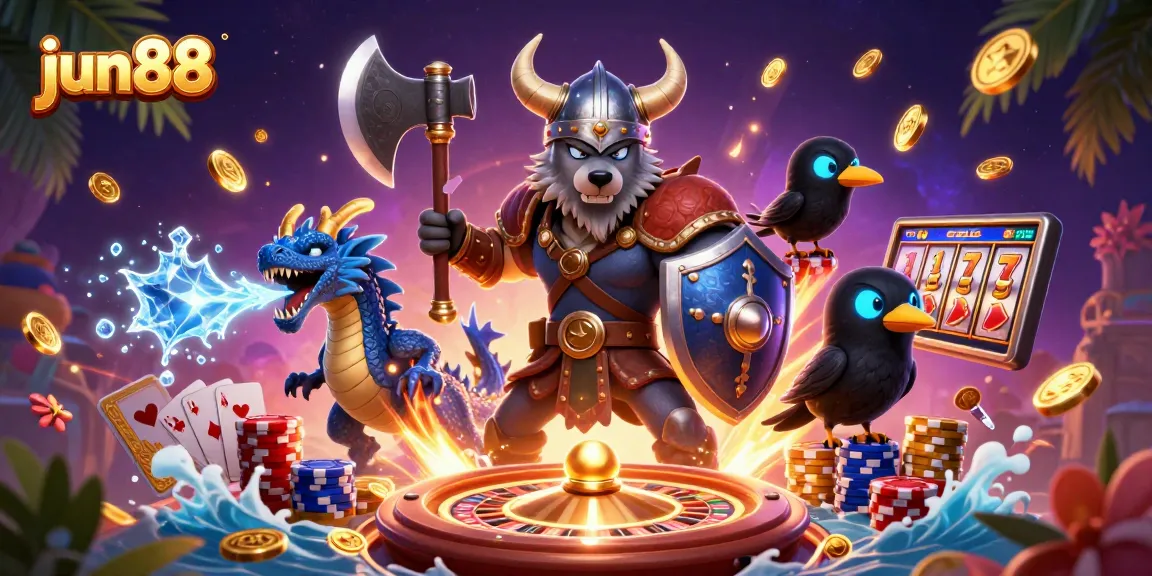 jun88 Viking wolf warrior leads a dynamic gaming scene bursting with coins and casino elements.