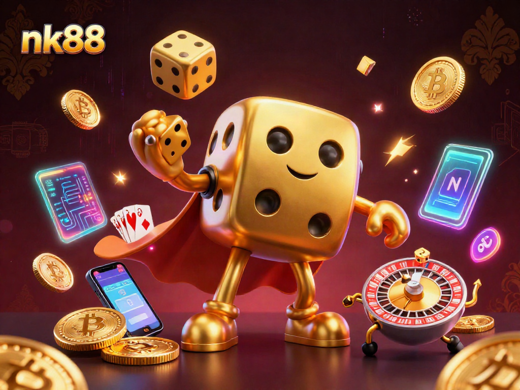 Experience exciting gameplay with nk88's vibrant 3D casino characters amidst glowing crypto elements.