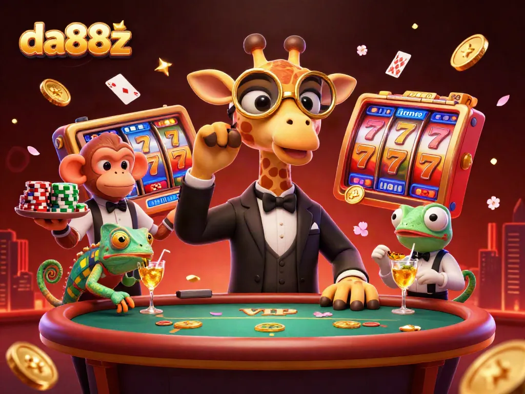 Experience thrilling jackpot excitement with da88z in this vibrant casino scene featuring a giraffe, monkey, and chameleon.