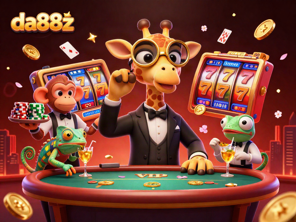 Experience thrilling jackpot excitement with da88z in this vibrant casino scene featuring a giraffe, monkey, and chameleon.