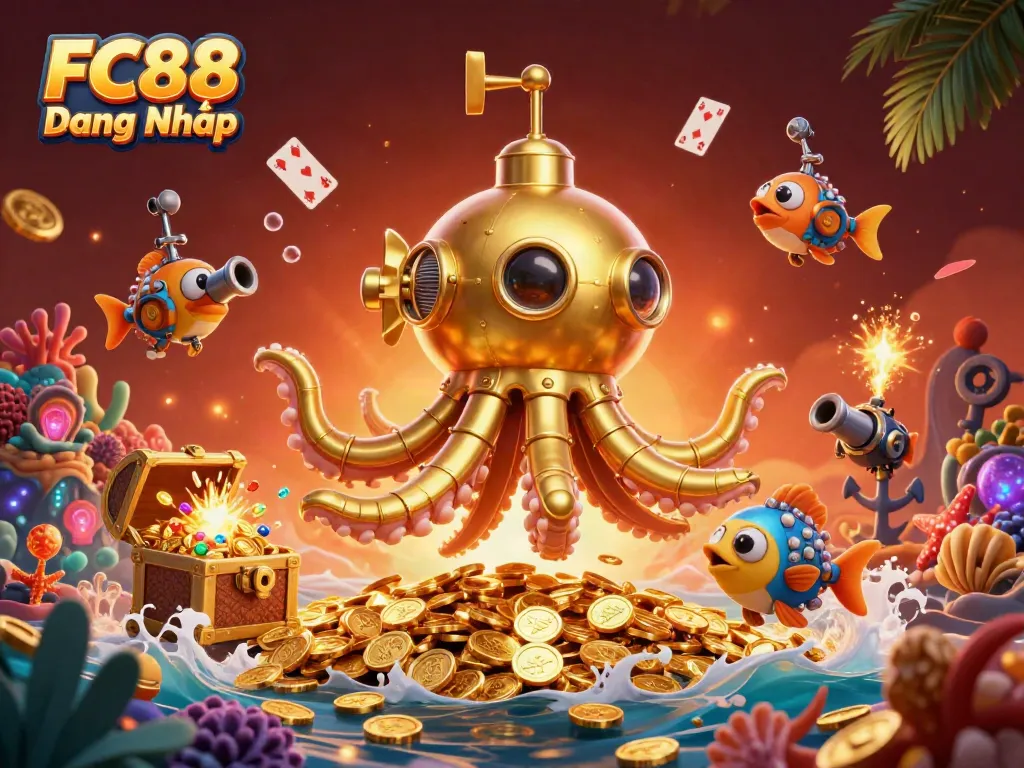 Experience excitement with FC88 Đăng Nhập and a vibrant underwater casino scene filled with treasures and dynamic ocean life.