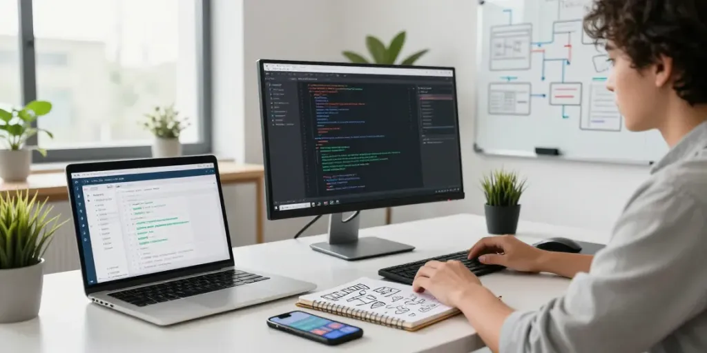 Professionele web-development omgeving met een ontwikkelaar, monitors, en brainstormnotities.