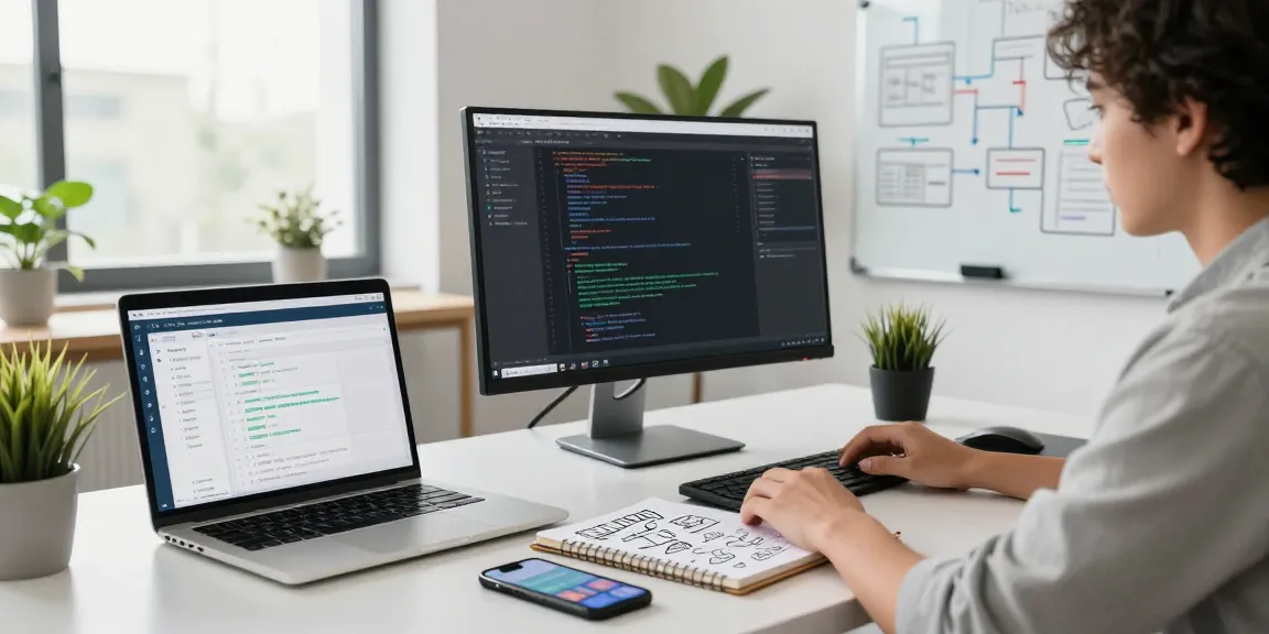 Professionele web-development omgeving met een ontwikkelaar, monitors, en brainstormnotities.