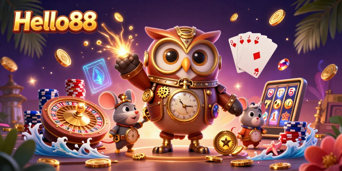 Experience thrilling moments with Hello88's steampunk owl and vibrant casino treasures galore.