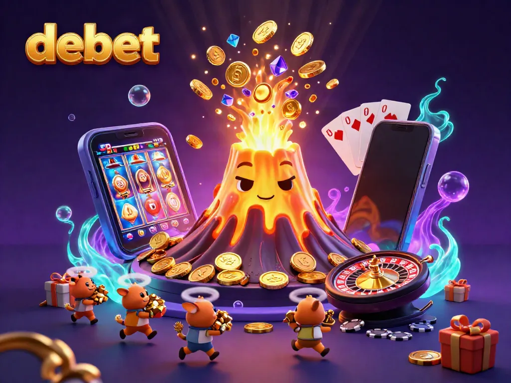 Experience winning moments at debet with a golden volcano erupting treasure in this casino illustration.