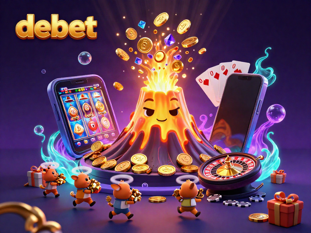 Experience winning moments at debet with a golden volcano erupting treasure in this casino illustration.
