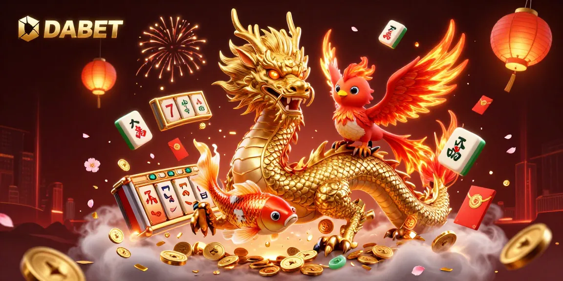 DABET online casino features a fierce golden dragon, red phoenix, and koi fish amidst vibrant slot game elements.
