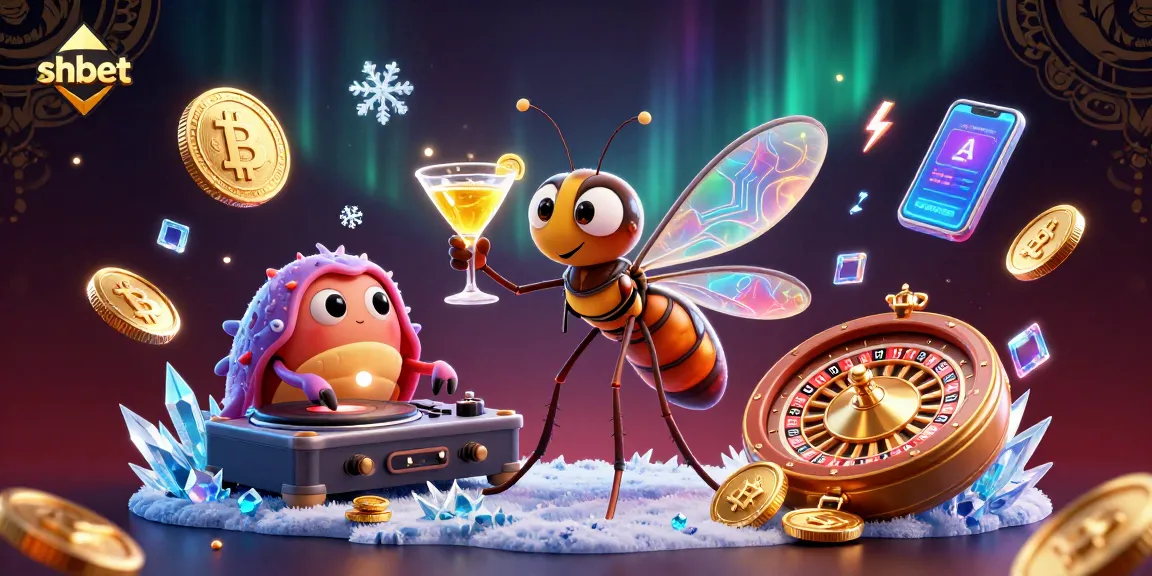 shbet showcases a vibrant casino scene with a tropical mosquito mascot and fossil elements spinning for big wins.