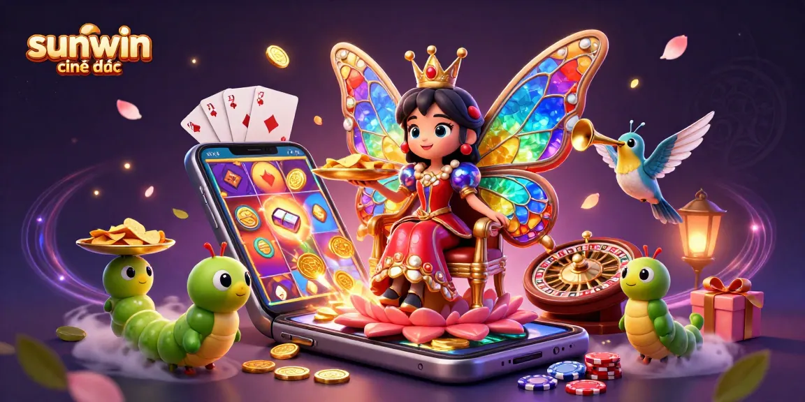 Experience sunwin chính thức with a vibrant casino scene featuring a butterfly queen and neon game elements.